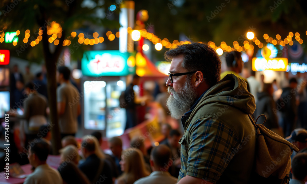 a man with a gray beard and a backpack on a street full of people at night a man with a gray beard and a backpack on a street full of people at night