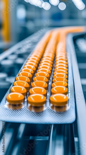 Close-up view of orange tablets on a production line, showcasing pharmaceutical manufacturing and quality control.