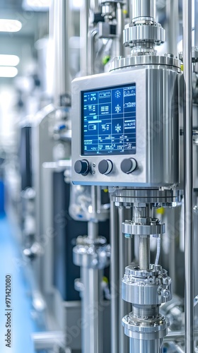 Modern industrial control panel in facility showcasing advanced technology and equipment functionality for process monitoring.