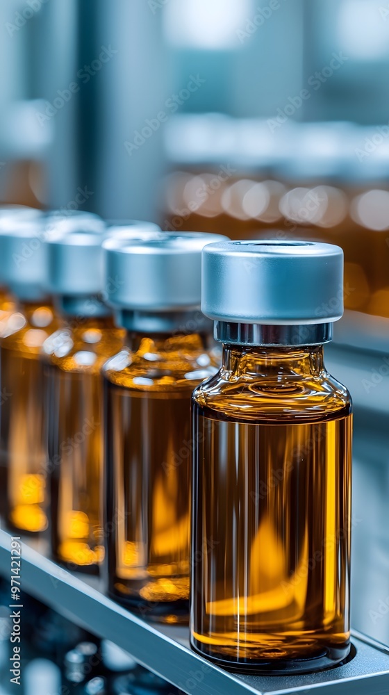 Close-up of amber glass vials filled with liquid, arranged in a modern laboratory setting, showcasing pharmaceutical production. Close-up of amber glass vials filled with liquid, arranged in a modern laboratory setting, showcasing pharmaceutical production.