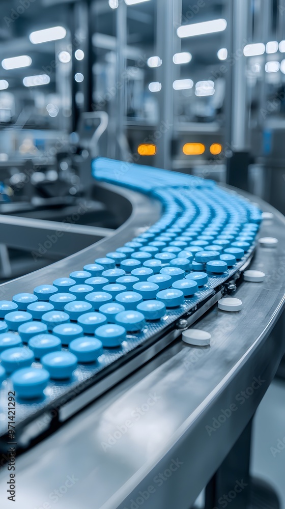 Close-up of blue tablets on a conveyor belt in a modern pharmaceutical production facility, showcasing efficiency and technology. Close-up of blue tablets on a conveyor belt in a modern pharmaceutical production facility, showcasing efficiency and technology.