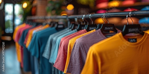 A vibrant array of colorful t-shirts neatly arranged on hangers in a retail clothing store, capturing the essence of fashion and shopping environments