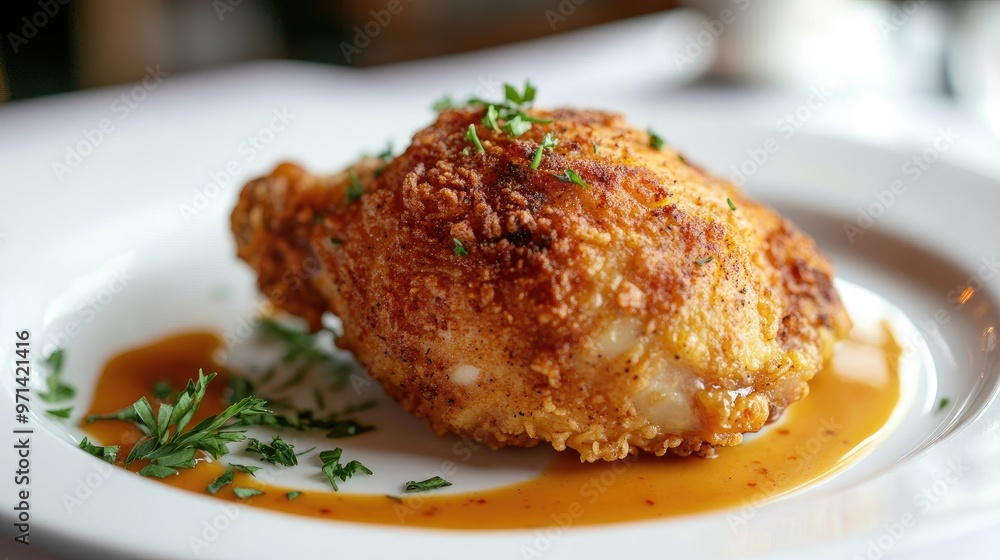 A close-up of a fried chicken thigh with a crispy, seasoned crust, set on a white plate with a garnish of fresh herbs and a light drizzle of sauce A close-up of a fried chicken thigh with a crispy, seasoned crust, set on a white plate with a garnish of fresh herbs and a light drizzle of sauce