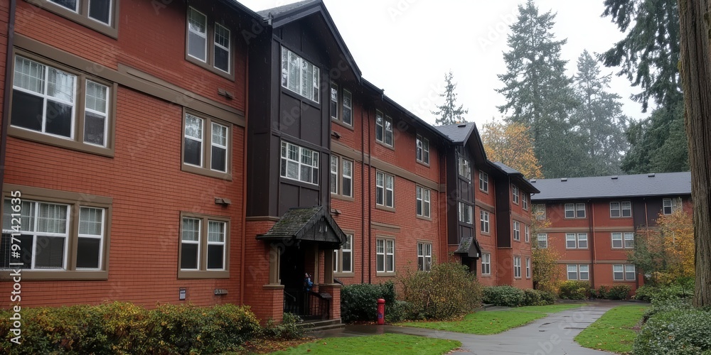 A peaceful residential community featuring traditional architecture with red-brick buildings surrounded by lush greenery and mature trees, showcasing an inviting neighborhood ambiance A peaceful residential community featuring traditional architecture with red-brick buildings surrounded by lush greenery and mature trees, showcasing an inviting neighborhood ambiance