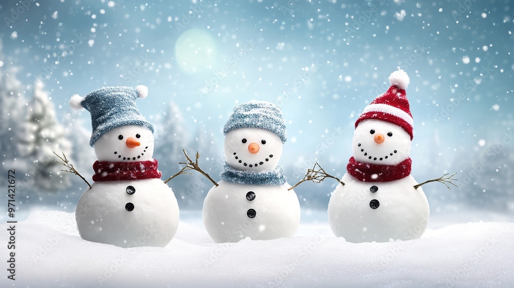 Three snowmen in a winter landscape with soft snowflakes falling Three snowmen in a winter landscape with soft snowflakes falling