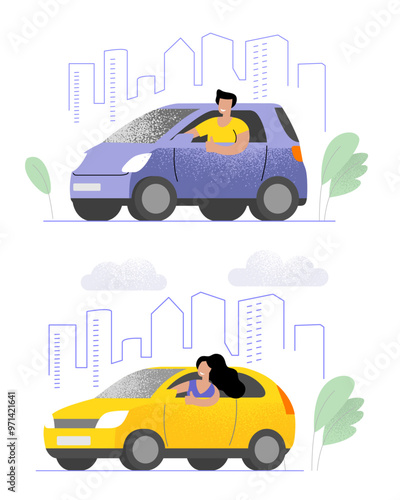 Happy man and woman are riding in car against backdrop of city. Flat style.
