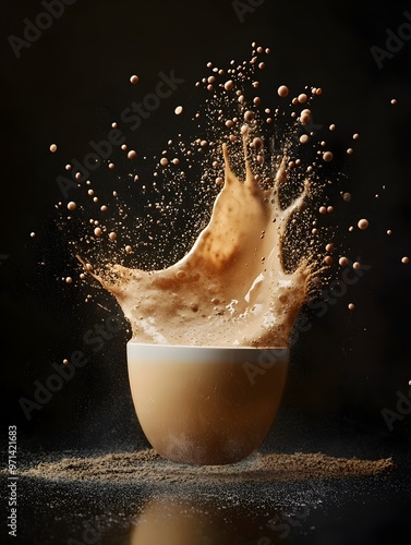 Explosive Dynamic Kinako Latte Eruption with Roasted Soybean Powder and Creamy Liquid Splashing long title A dynamic and explosive visual of a