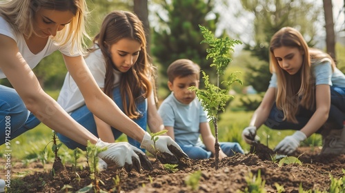 Family Planting Trees in Community Park for Environmental Stewardship