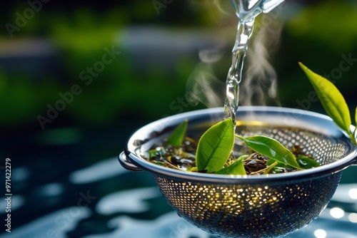 A close-up of a tea strainer, with the tea leaves unfurling as hot water is poured, releasing aromatic steam in a calming kitchen photo