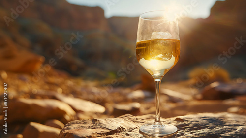 A glass of white wine stands on the table, with an ice cube in it and a rocky desert landscape canyon in the background. The sun shines brightly behind it, creating a golden light effect