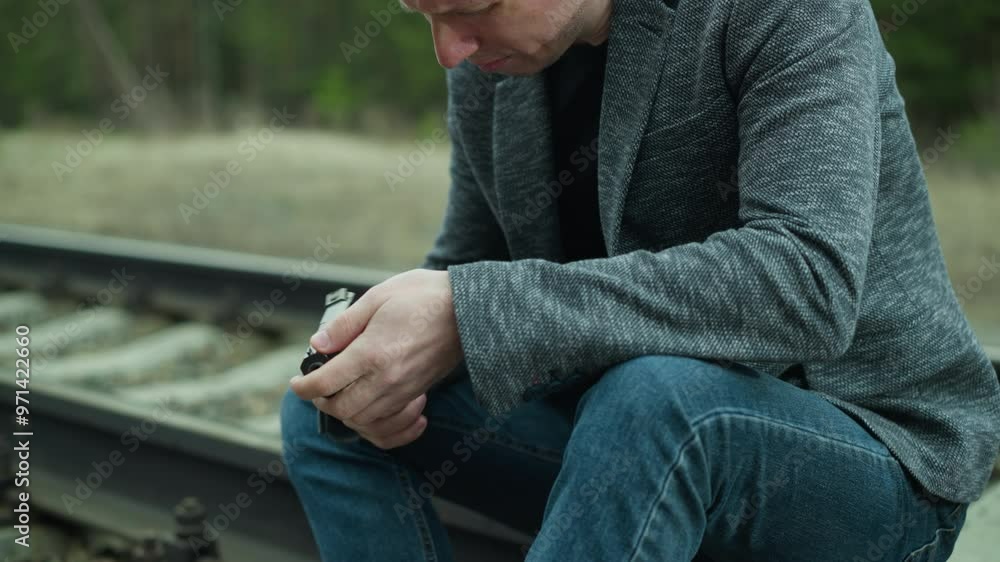 A close view of a man in a gray jacket handling a handgun while sitting down beside a railway track, intently inspecting the firearm, the background shows a blurred view of a green forest A close view of a man in a gray jacket handling a handgun while sitting down beside a railway track, intently inspecting the firearm, the background shows a blurred view of a green forest