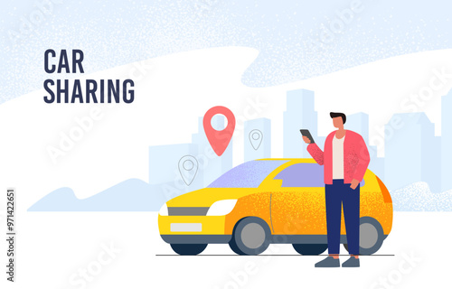 Young man stands with a mobile phone vector. Concept for a car sharing application