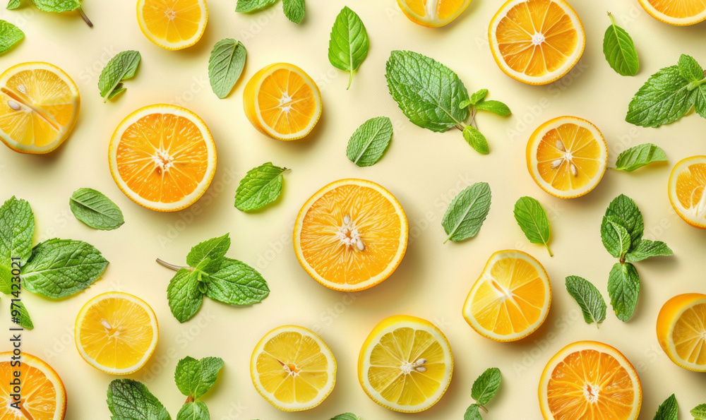 A fruit pattern with lemon and mint, flat lay, top view of citrus fruits with leaves. A fruit pattern with lemon and mint, flat lay, top view of citrus fruits with leaves.