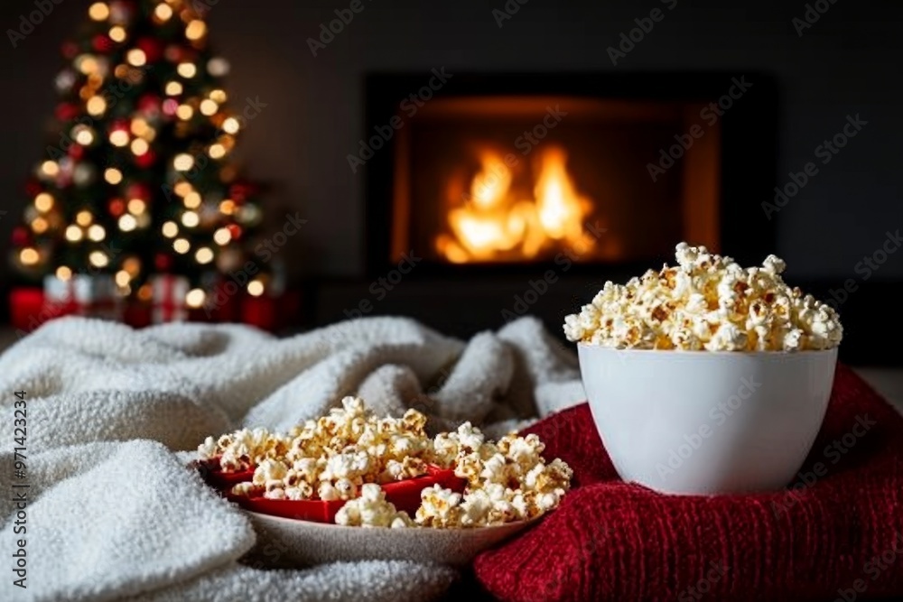 A cozy Christmas movie night setup, with blankets, popcorn, and festive snacks in front of a glowing fireplace and decorated tree A cozy Christmas movie night setup, with blankets, popcorn, and festive snacks in front of a glowing fireplace and decorated tree