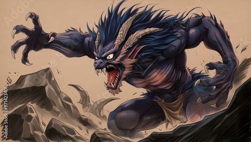 A terrifying Scary creature from Japanese folklore, drawn in a detailed anime style. Use dark backgrounds and dramatic lighting perfect for Halloween photo