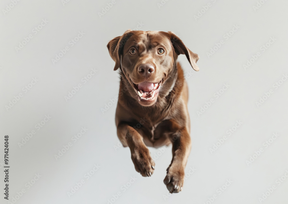 A chocolate Labrador jumping towards the camera on a white background. A chocolate Labrador jumping towards the camera on a white background.