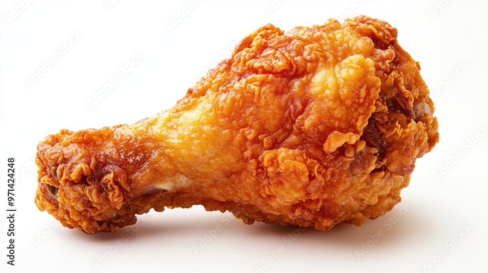 A close-up of a single piece of fried chicken with a perfectly crisp coating, set against a clean, white background to highlight its juicy and tender interior. A close-up of a single piece of fried chicken with a perfectly crisp coating, set against a clean, white background to highlight its juicy and tender interior.