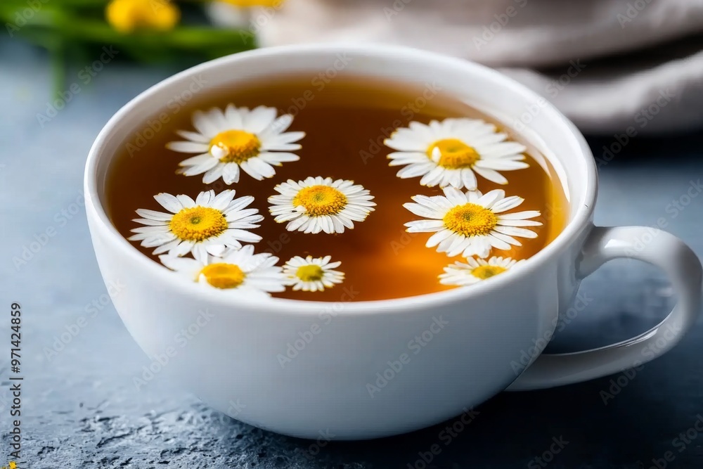 A cup of chamomile tea, where floating flowers form the continents of Earth, representing peace and tranquility on the planet A cup of chamomile tea, where floating flowers form the continents of Earth, representing peace and tranquility on the planet