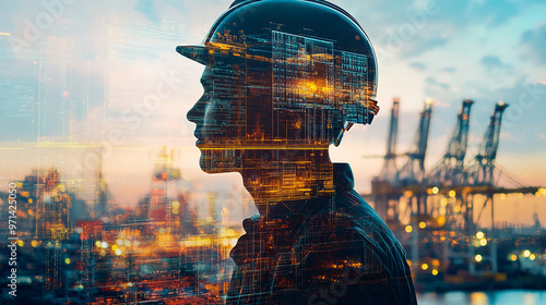 Double exposure Engineer hardhat implements advanced cybersecurity measures to protect digital infrastructure in global logistics. photo