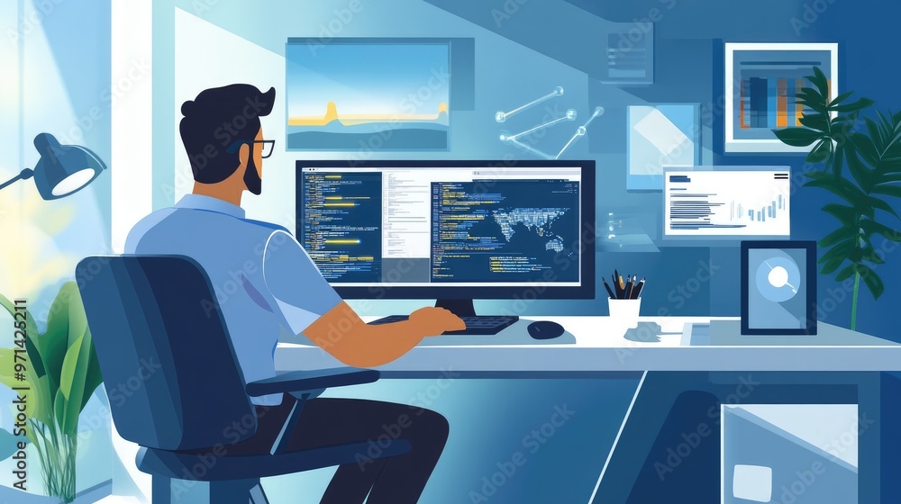 A programmer sits in front of three computer monitors, working on code. He is focused on his work and the only light in the room is coming from the screens. A programmer sits in front of three computer monitors, working on code. He is focused on his work and the only light in the room is coming from the screens.