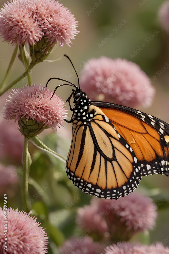 Detailed Photo of Monarch Butterfly Resting Gracefully on a Flower, Close-Up View