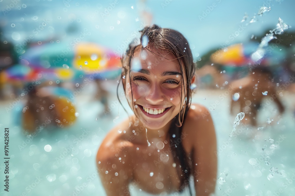 A joyful woman smiles broadly as she plays in the sparkling water, basking in the sunshine with colorful umbrellas in the background. A joyful woman smiles broadly as she plays in the sparkling water, basking in the sunshine with colorful umbrellas in the background.