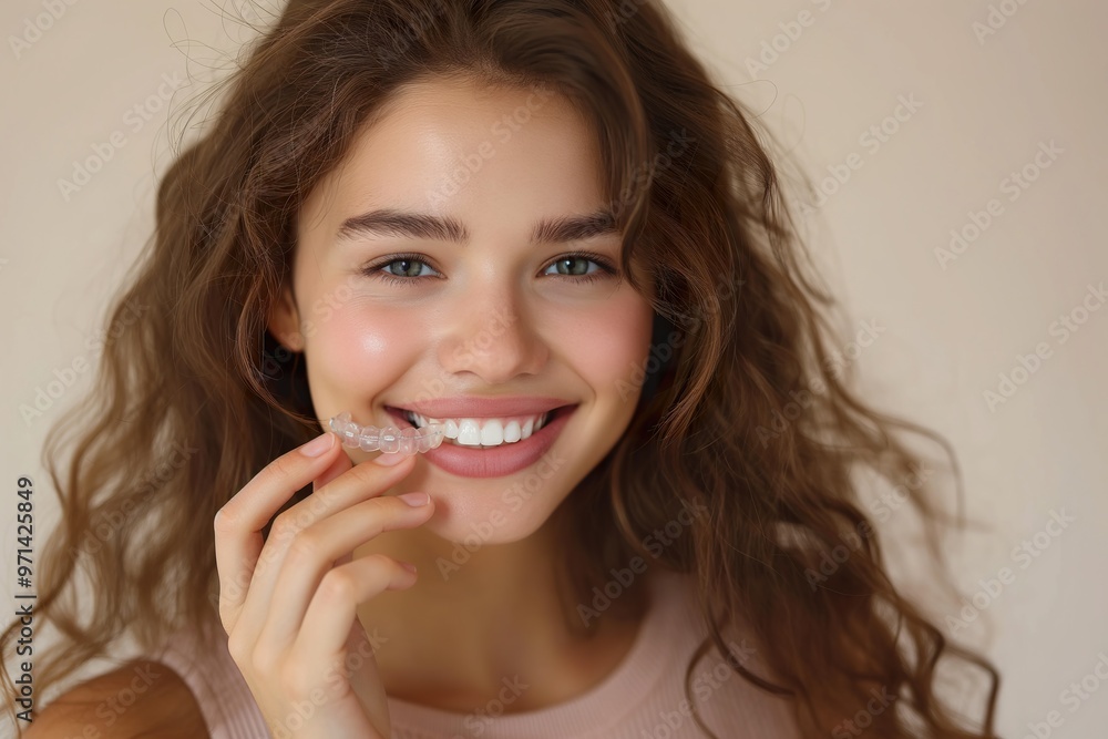 Fototapeta premium A young woman with curly hair joyfully smiles while demonstrating a clear aligner in her hand.