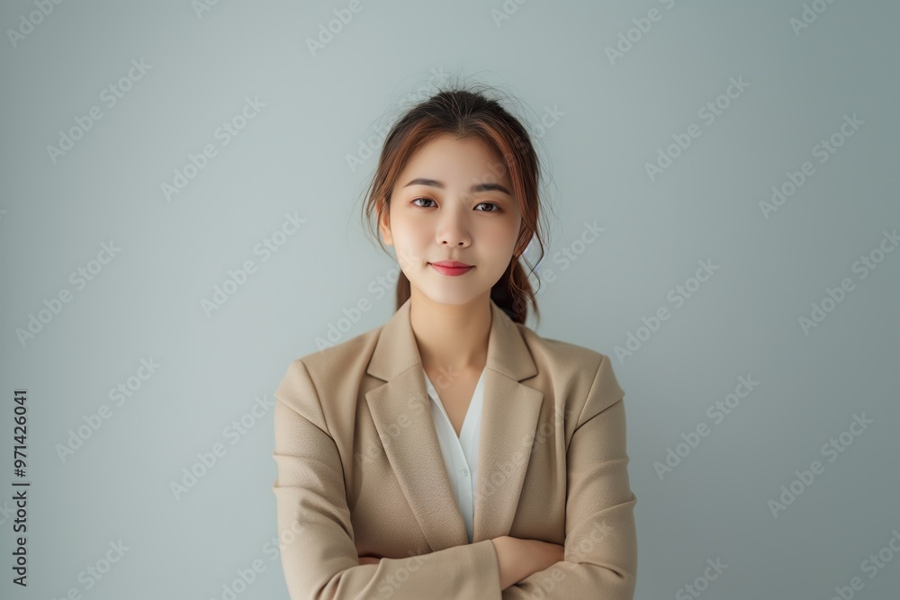 Professional woman standing confidently with arms crossed in a bright, neutral setting, exuding joy and positivity during a sunny afternoon Professional woman standing confidently with arms crossed in a bright, neutral setting, exuding joy and positivity during a sunny afternoon