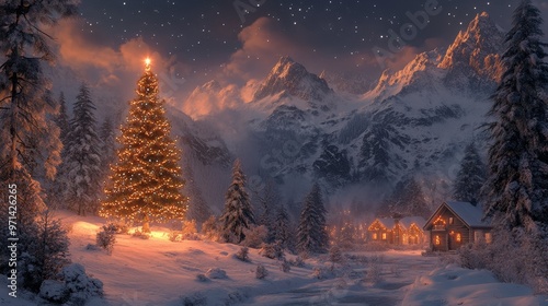 Majestic Christmas tree in snowy mountain landscape at dusk