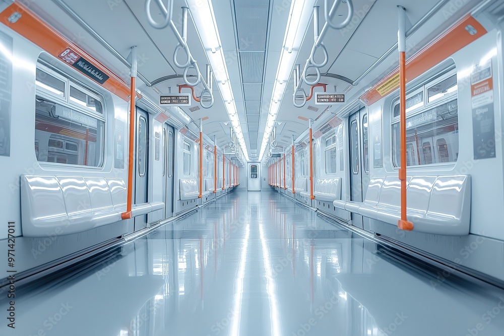 Obraz premium Empty York City shuttle interior showcasing spacious seating and sleek design during off-peak hours