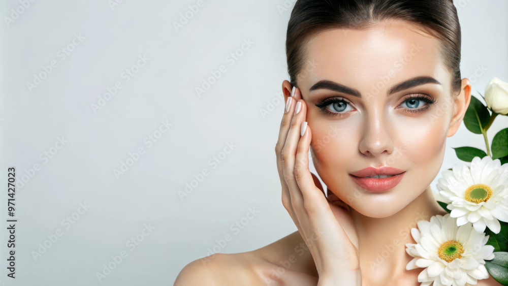 A beautiful young woman with clean, perfect skin gently touches her face, surrounded by fresh flowers. Her serene expression radiates confidence and elegance A beautiful young woman with clean, perfect skin gently touches her face, surrounded by fresh flowers. Her serene expression radiates confidence and elegance