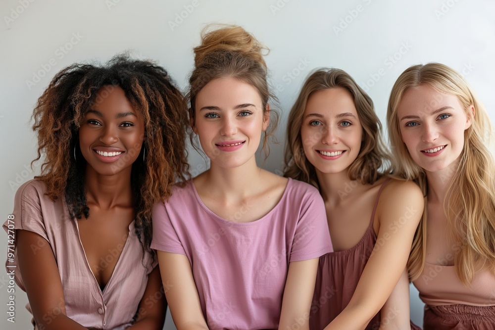Four beautiful diverse ladies sit together, showcasing friendship and joy in a casual indoor setting Four beautiful diverse ladies sit together, showcasing friendship and joy in a casual indoor setting