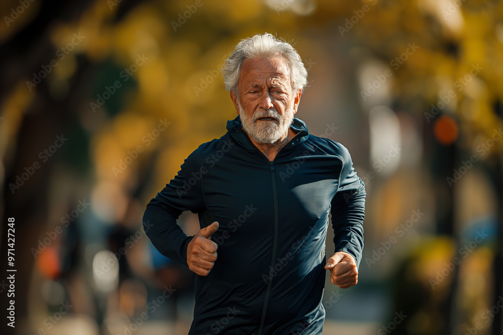 An older man running a marathon during a sunny autumn day in a picturesque city park with vibrant fallen leaves An older man running a marathon during a sunny autumn day in a picturesque city park with vibrant fallen leaves