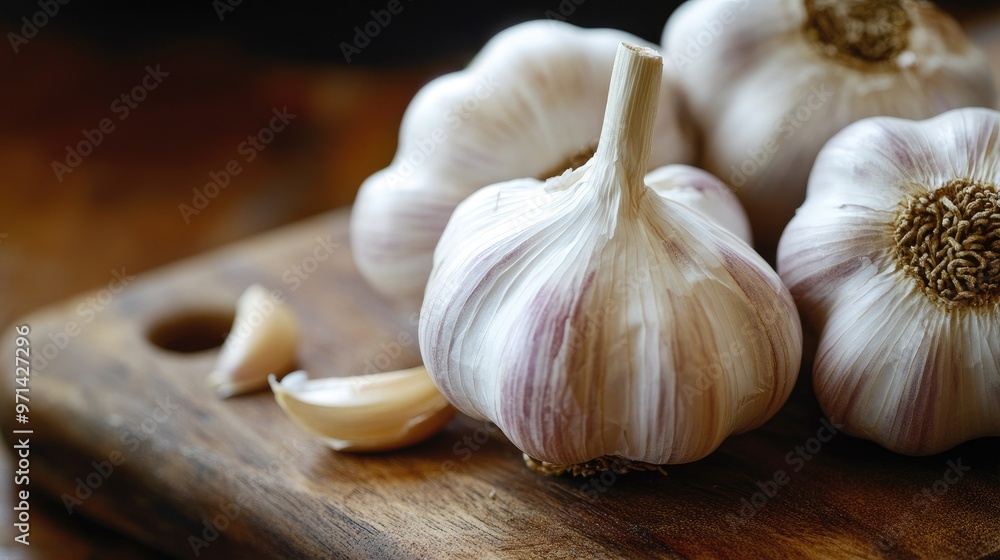 A close-up of fresh garlic bulbs with their papery skin still intact, arranged on a rustic wooden cutting board, highlighting their natural texture and color. A close-up of fresh garlic bulbs with their papery skin still intact, arranged on a rustic wooden cutting board, highlighting their natural texture and color.