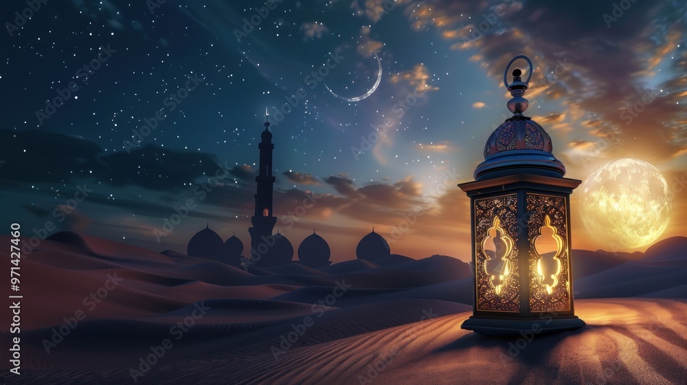 Ramadan Lantern in Desert with Moon and Stars Ramadan Lantern in Desert with Moon and Stars