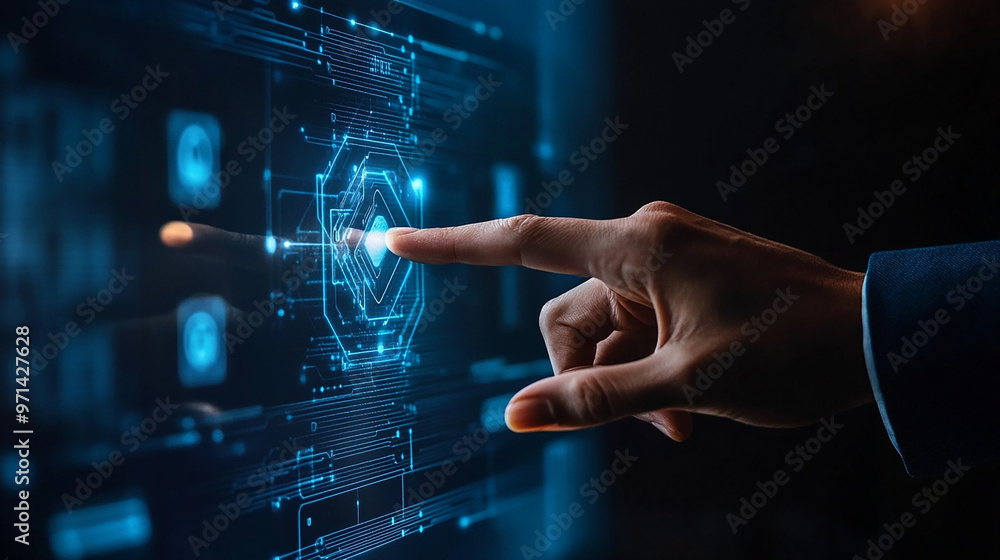 Hand touch visual screen to optimize employee onboarding process through HR software. Hand touch visual screen to optimize employee onboarding process through HR software.