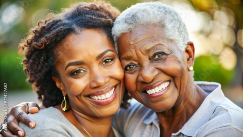 A joyful moment shared between senior black woman and her middle aged daughter, both smiling warmly at camera, showcasing their close bond and happiness