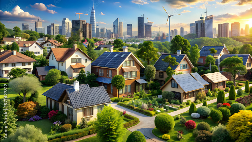 Colorful urban scene showcasing sustainability, with wind turbines and green spaces. Colorful urban scene showcasing sustainability, with wind turbines and green spaces.