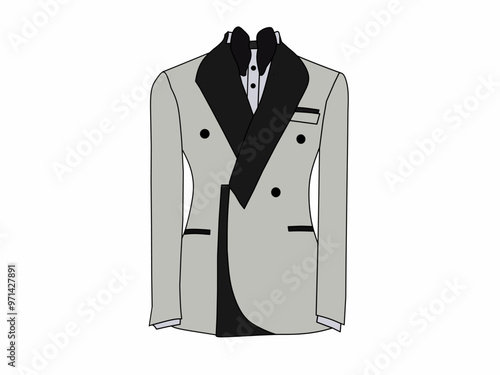 Vector illustration of dark gray men's tuxedo and white t-shirt format fashion clothes. Vector illustration theme of dress fashion background for formal occasion.