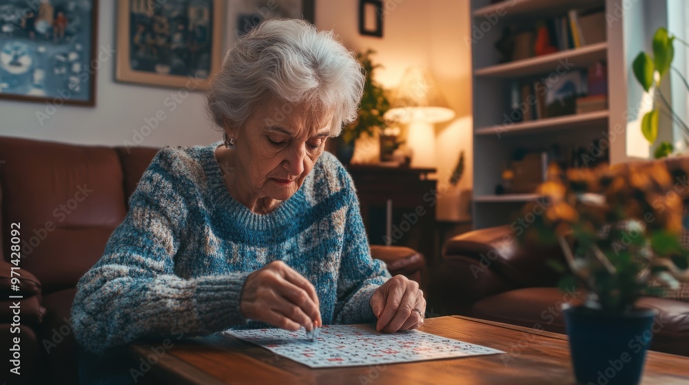 Senior Woman Solving Puzzle at Home Senior Woman Solving Puzzle at Home