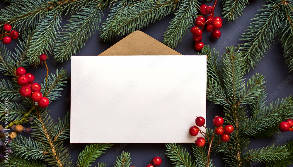 New Year Card on Fir Branches | Blank Envelope and Berries Overhead View New Year Card on Fir Branches | Blank Envelope and Berries Overhead View
