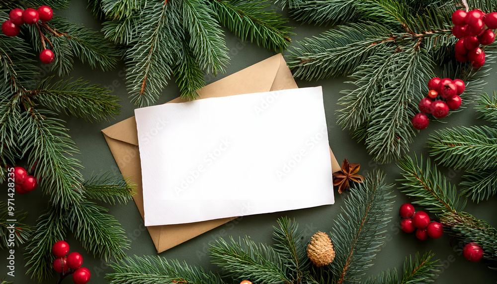 Blank Card and Envelope on Fir Branches | Christmas and New Year Overhead View Blank Card and Envelope on Fir Branches | Christmas and New Year Overhead View