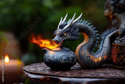 A dragon curled around a teapot, warming the tea with its fiery breath, in a fantasy tea-drinking ritual