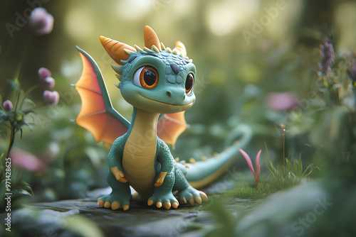 A cute, cartoonish dragon character in a vibrant, magical forest setting. photo