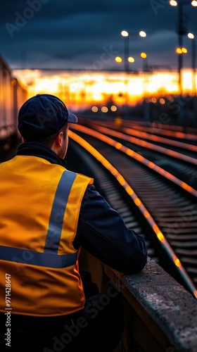 A railway worker observes the sunset, with train tracks illuminated in warm light, capturing a moment of reflection and dedication.