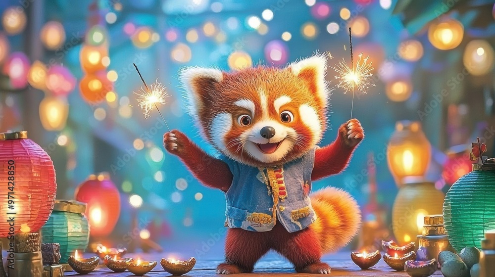 Fototapeta premium Playful red pandas holding sparklers in their paws, surrounded by colorful Diwali lanterns Their festive attire adds charm to the celebration of lights