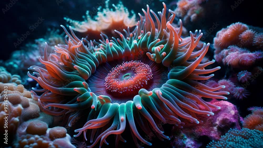 Close-up of a vibrant underwater sea anemone with colorful, flowing tentacles. Captures the mesmerizing beauty and intricate details of marine life in stunning high definition Close-up of a vibrant underwater sea anemone with colorful, flowing tentacles. Captures the mesmerizing beauty and intricate details of marine life in stunning high definition