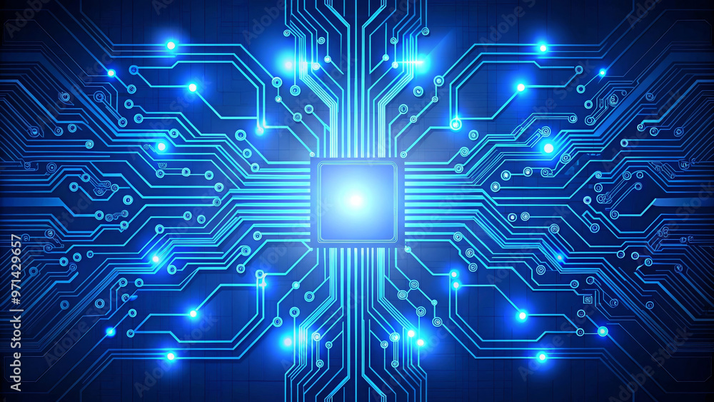 Futuristic circuit board design featuring intricate blue lines and glowing lights, representing advanced technology and digital innovation Futuristic circuit board design featuring intricate blue lines and glowing lights, representing advanced technology and digital innovation