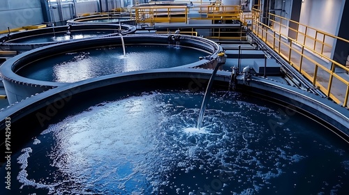 Sedimentation tanks with rotating arms and skimmers, capturing sludge and treating large volumes of wastewater