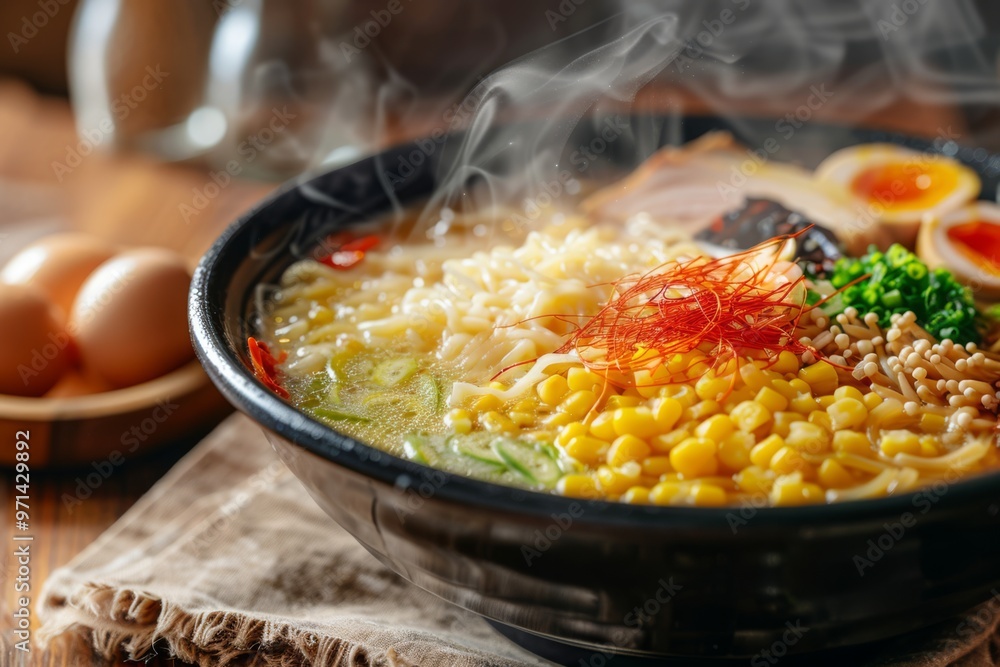Steaming Bowl of Ramen with Corn, Eggs, and Spring Onions Steaming Bowl of Ramen with Corn, Eggs, and Spring Onions